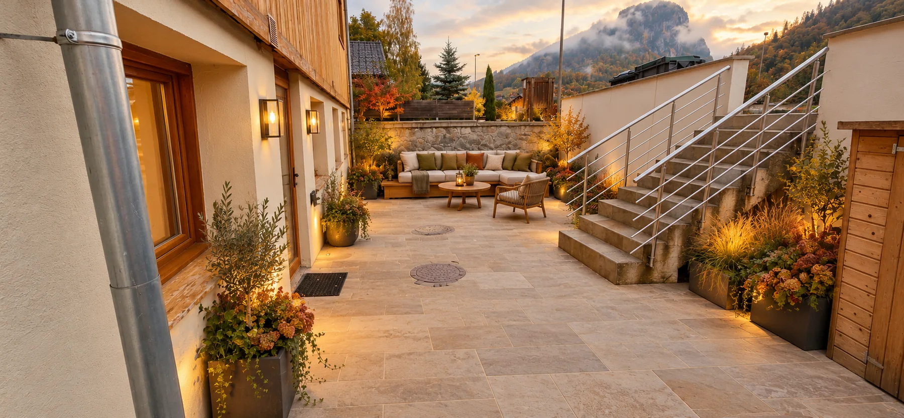 Proposed communal front patio, retaining the existing stairs and building