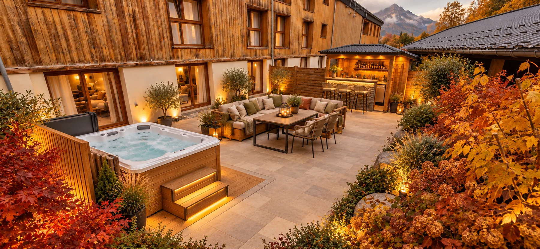 Proposed rear garden with hot tub, seating and bar