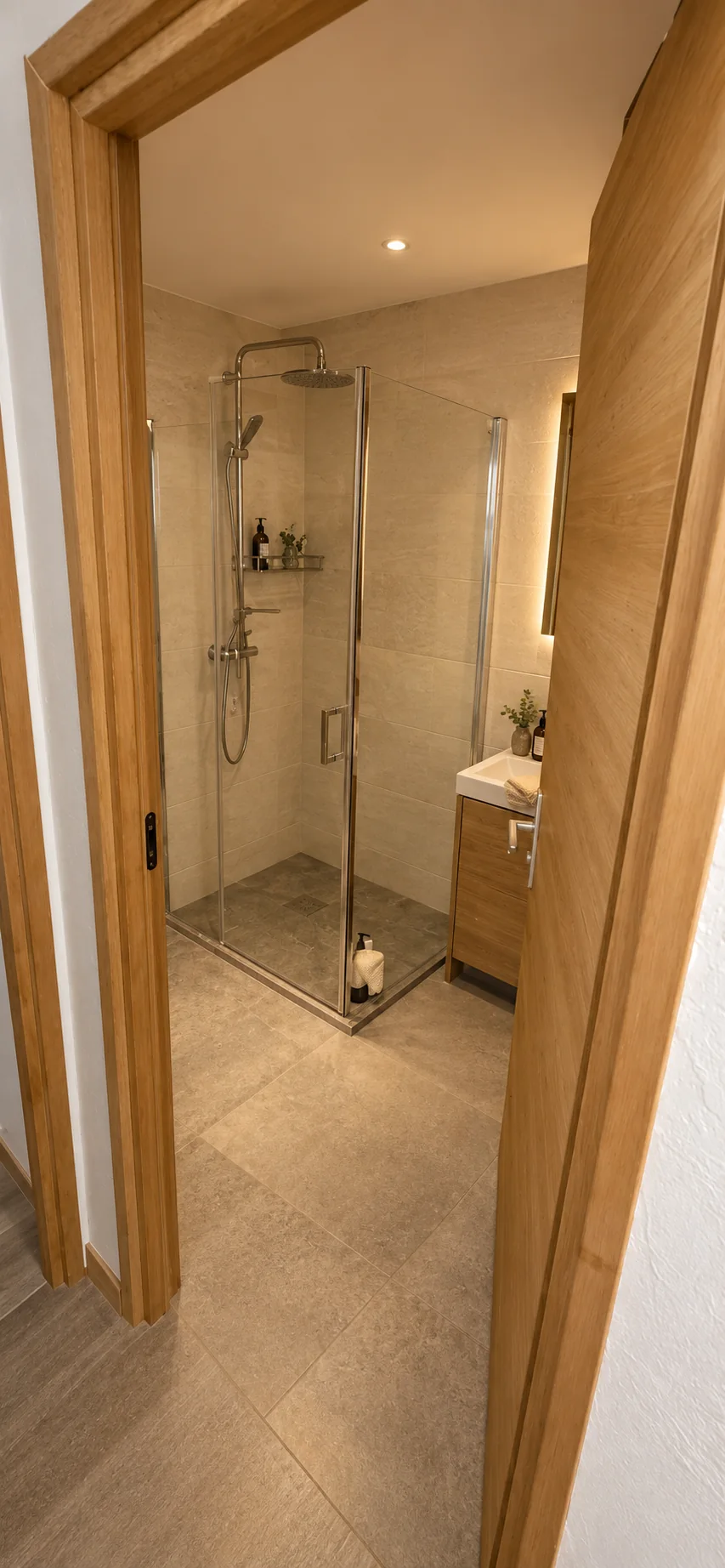 Stone and timber shower room — design visualisation