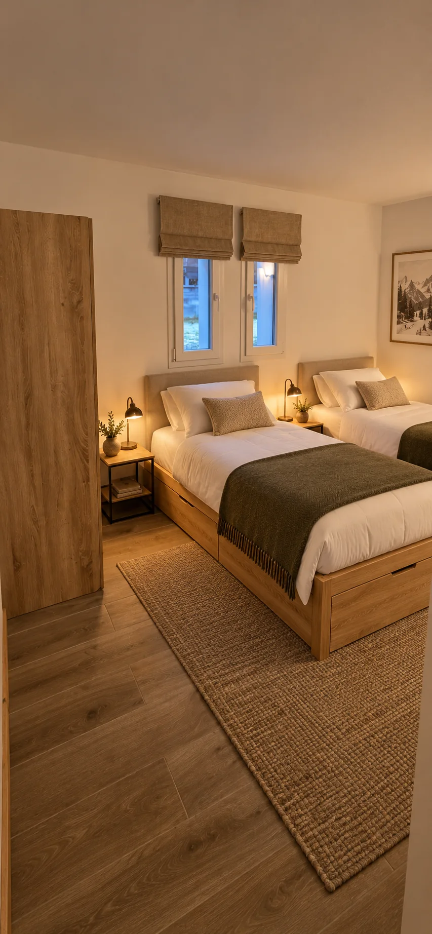 Twin bedroom in warm oak and olive — design visualisation